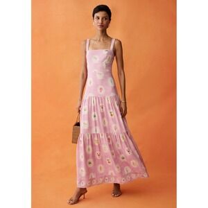 Anaya Ziggy Pink Linen Blend Mediterranean Print Scalloped Tiered Maxi Dress 6
